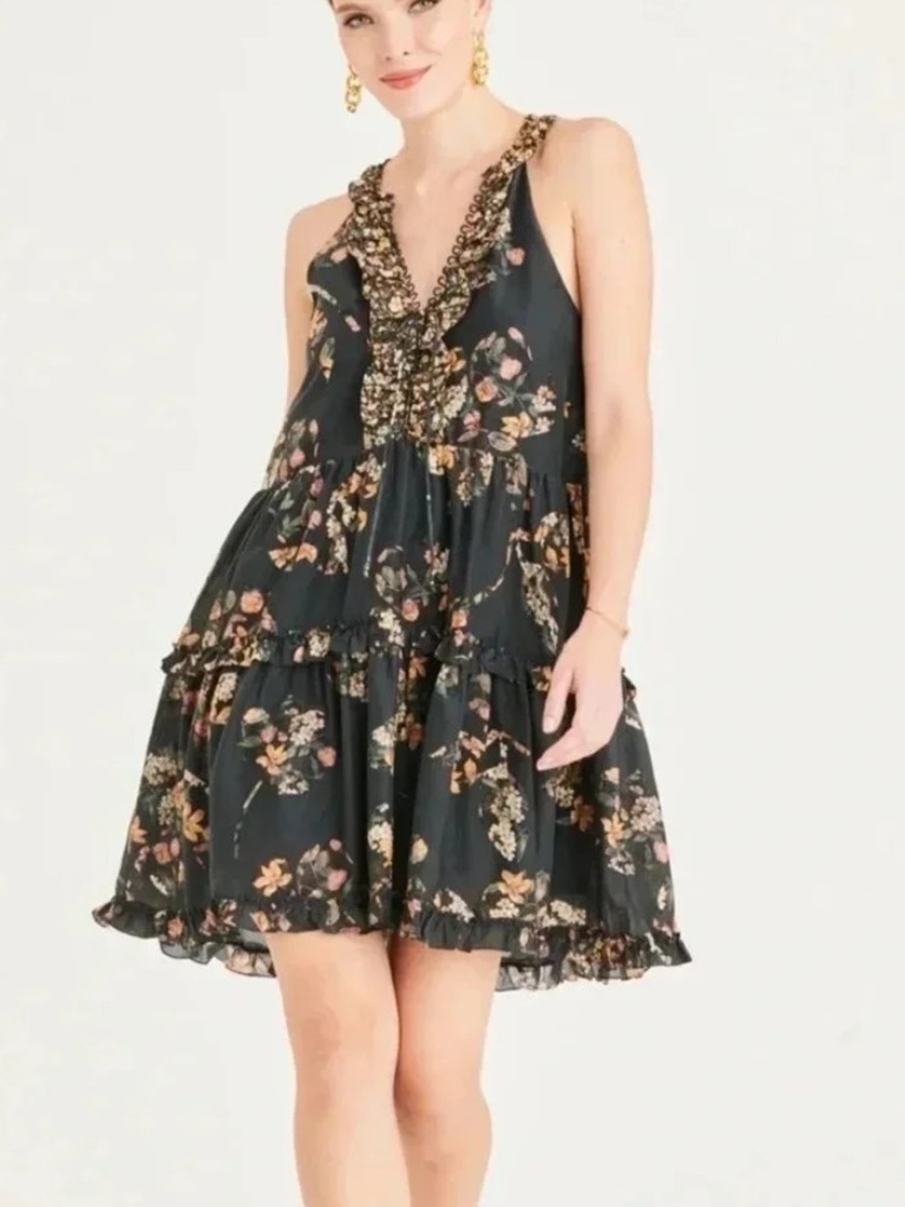 Ruffled Floral V-Neck Mini Dress in Black